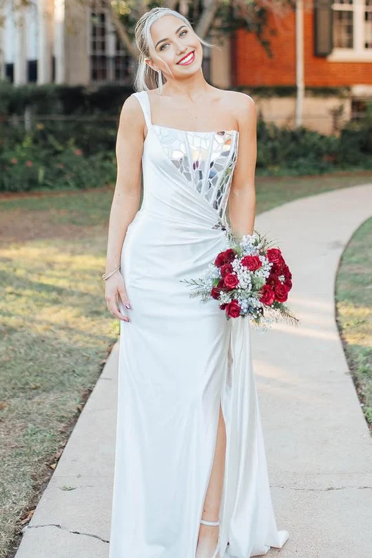 Sheath One Shoulder Square Neck Mirror-Cut Sequins White formal dresses evening gown Prom Dress with Slit